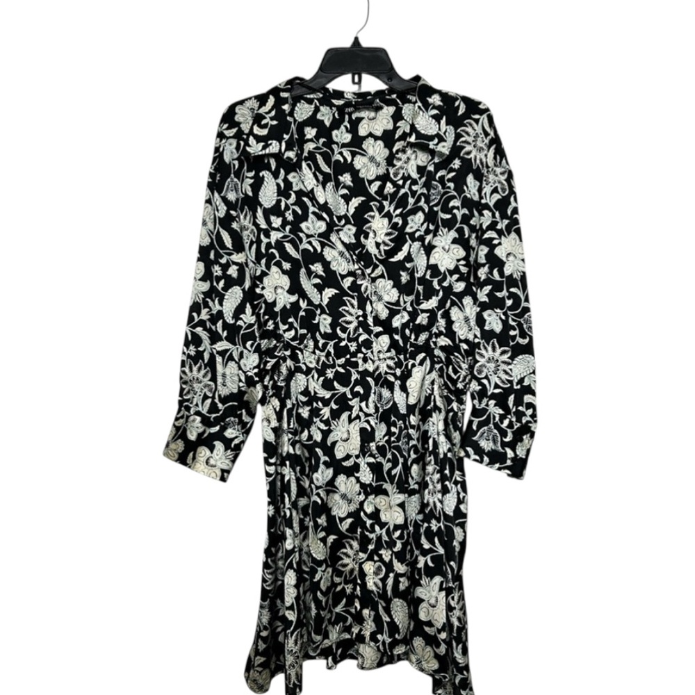 ZARA Floral Satin Effect Long Sleeve Shirt Dress Black White Size XL Fall Style - Picture 4 of 16